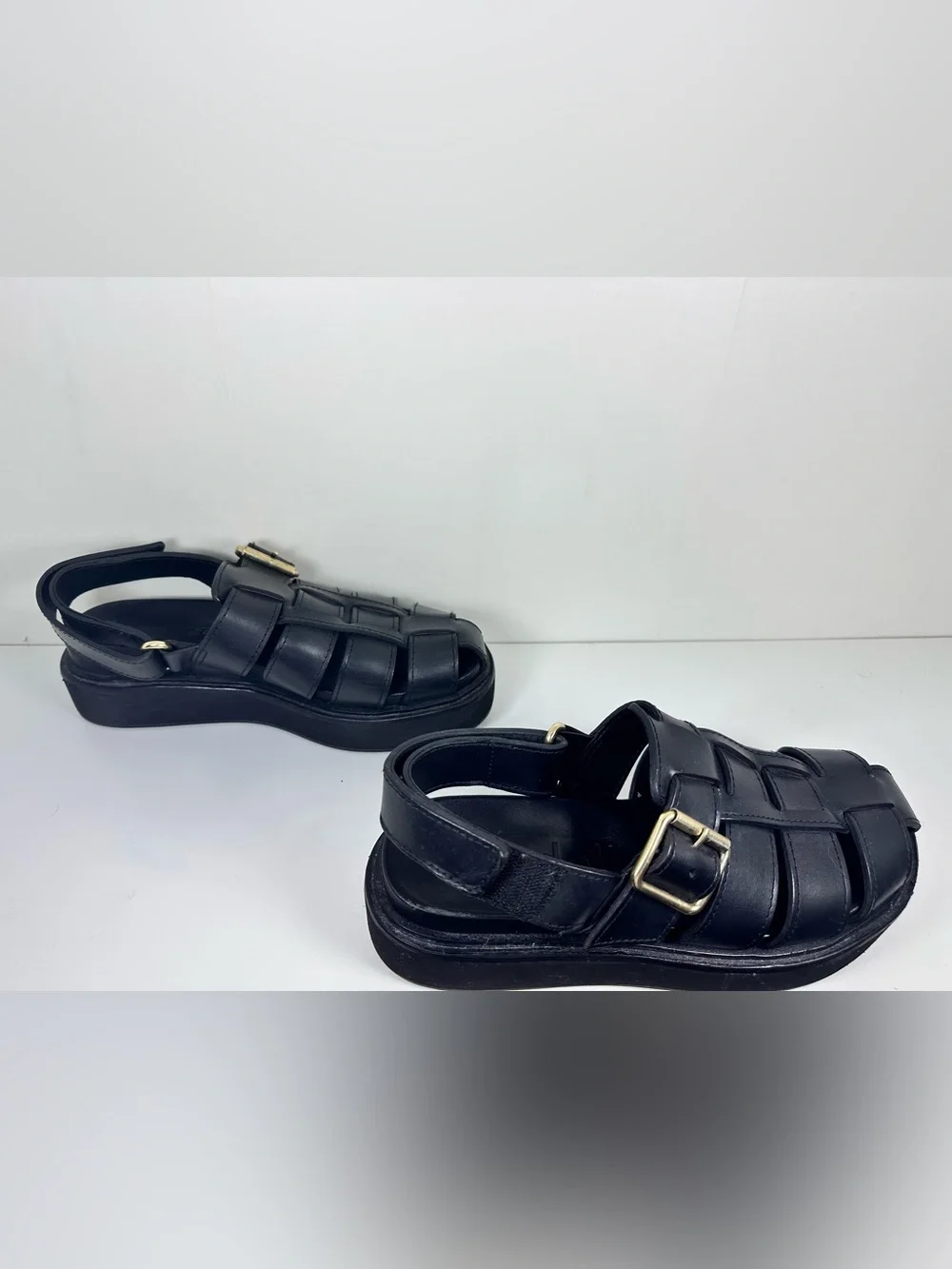 Loeffler Randall Black Leather Platform Fisherman Sandals with Gold Buckles - Picture 5 of 10